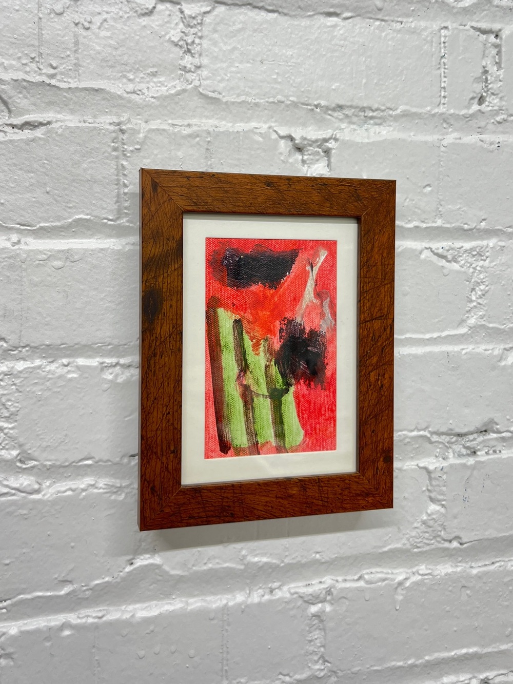 Original Abstract Colorful Mini Painting on canvas in Red Green Black-  Framed